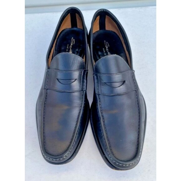 Santoni Black Leather Penny Loafers Made In Italy Dress Slip On Shoes -Size 12 D main image 9